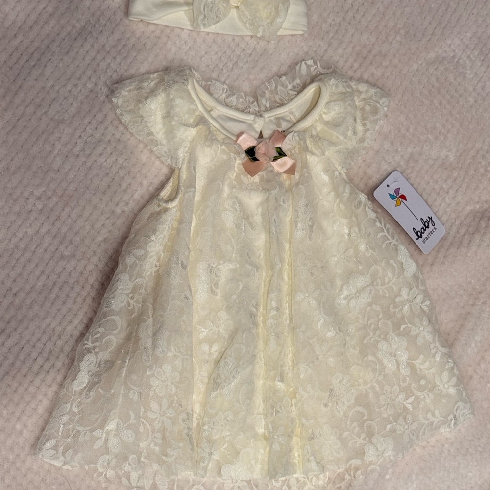 Baby Starters Cream Lace Dress with Bow
